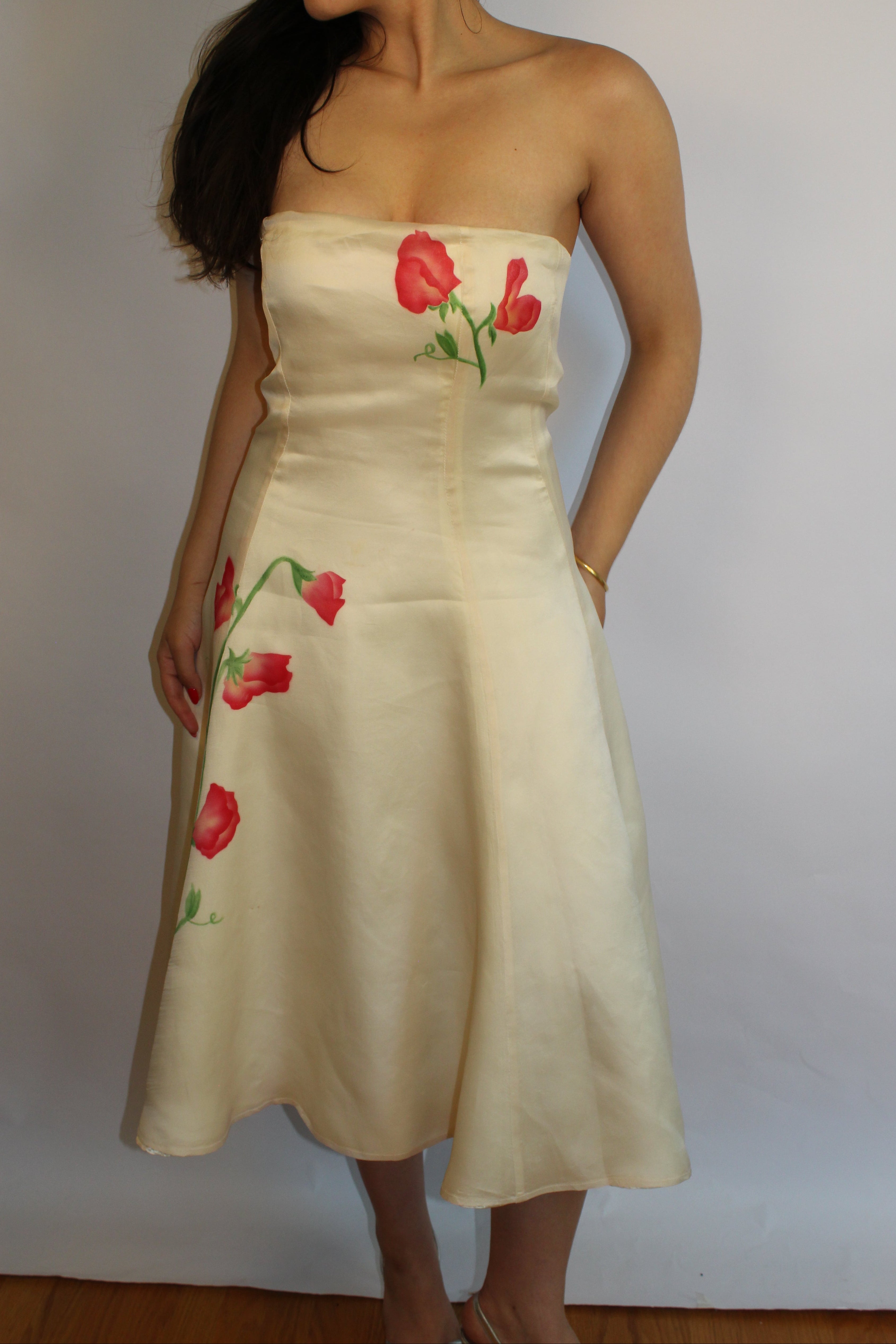 Cream & Flower Design Midi Dress