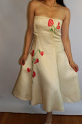Cream & Flower Design Midi Dress
