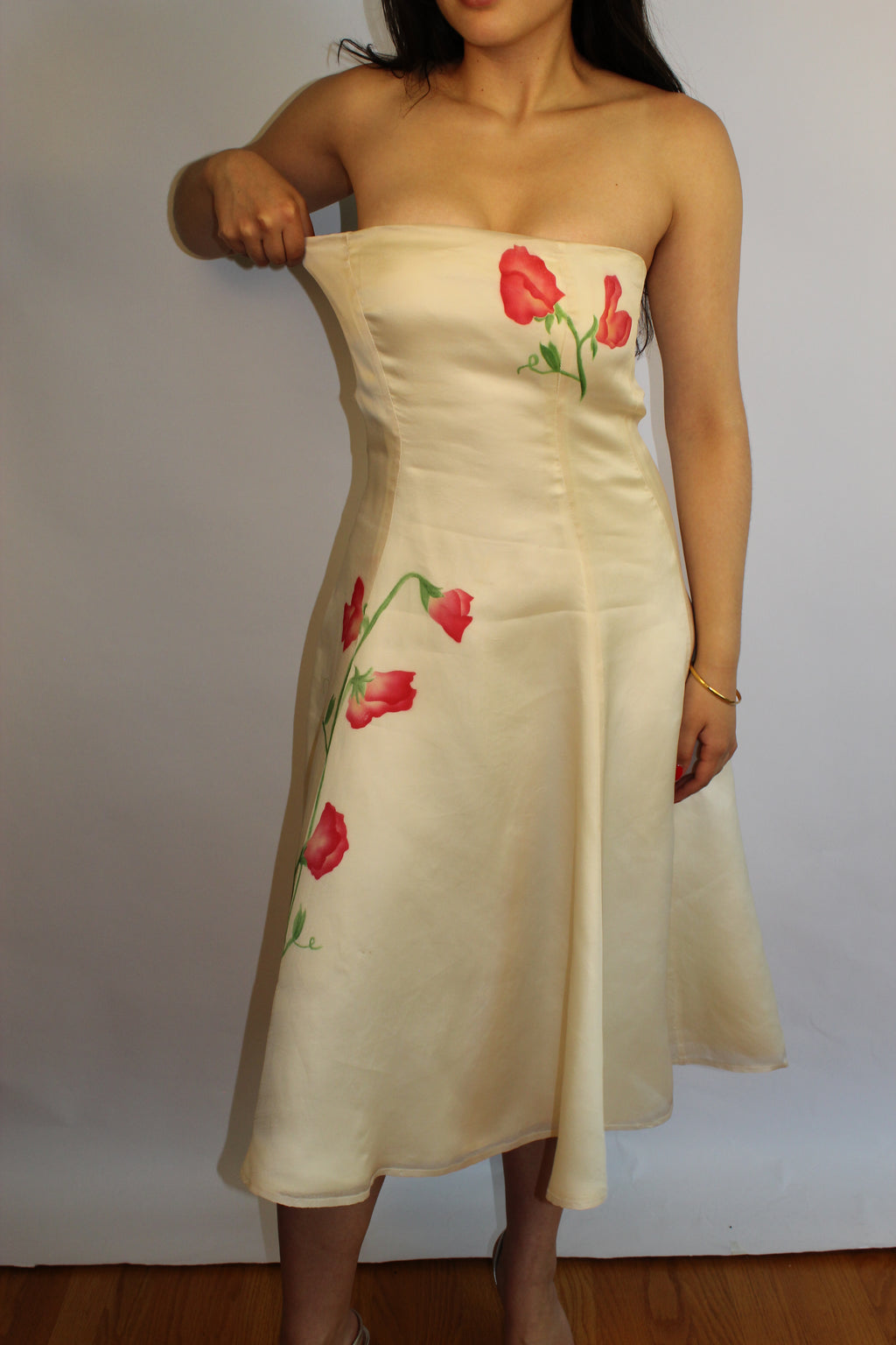 Cream & Flower Design Midi Dress