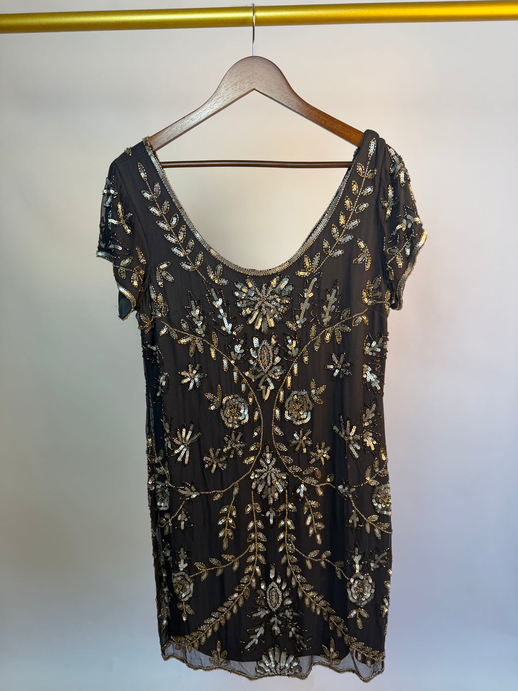 Grey & Gold 100% Silk Beaded Shift Dress