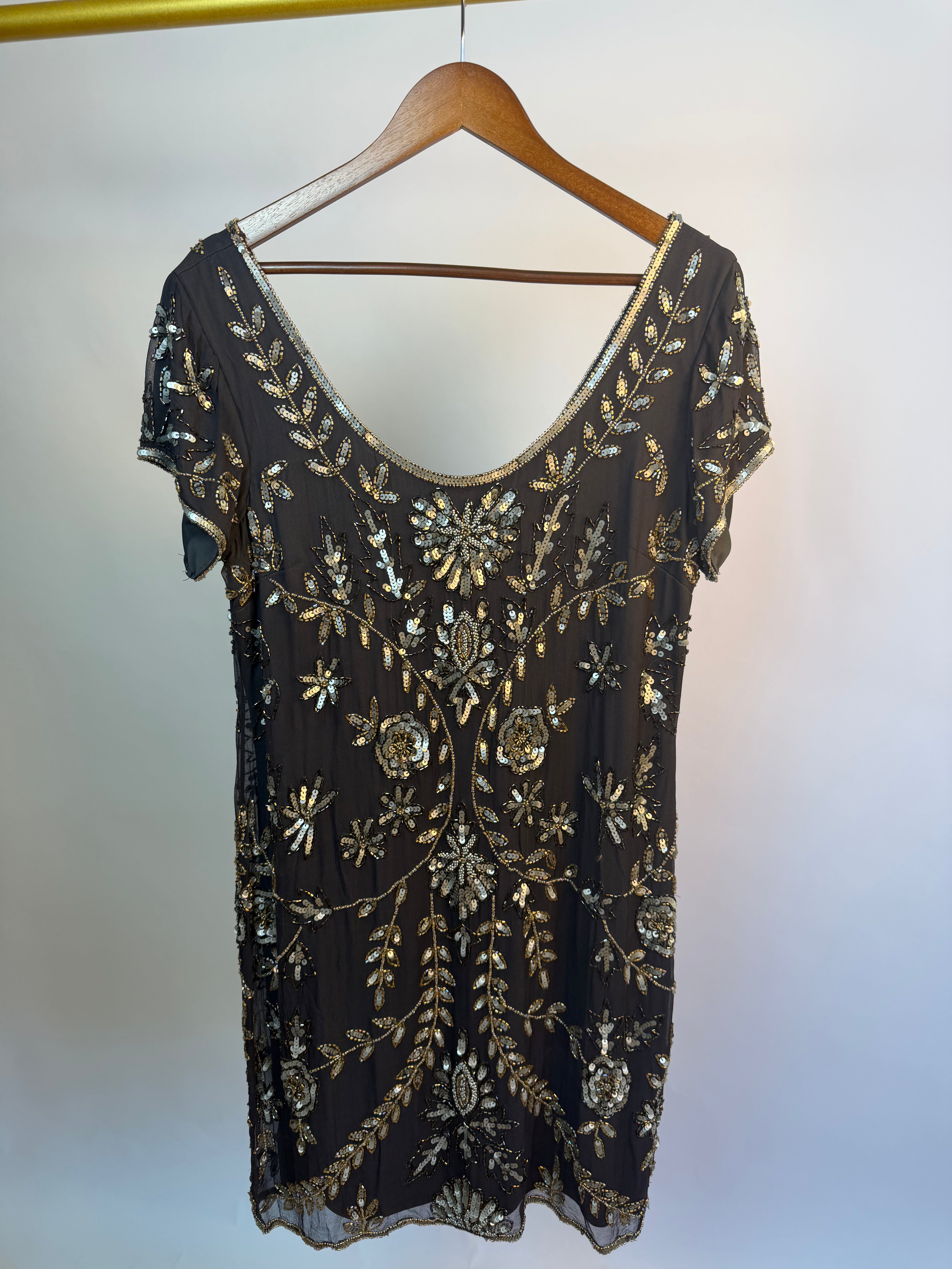 Grey & Gold 100% Silk Beaded Shift Dress