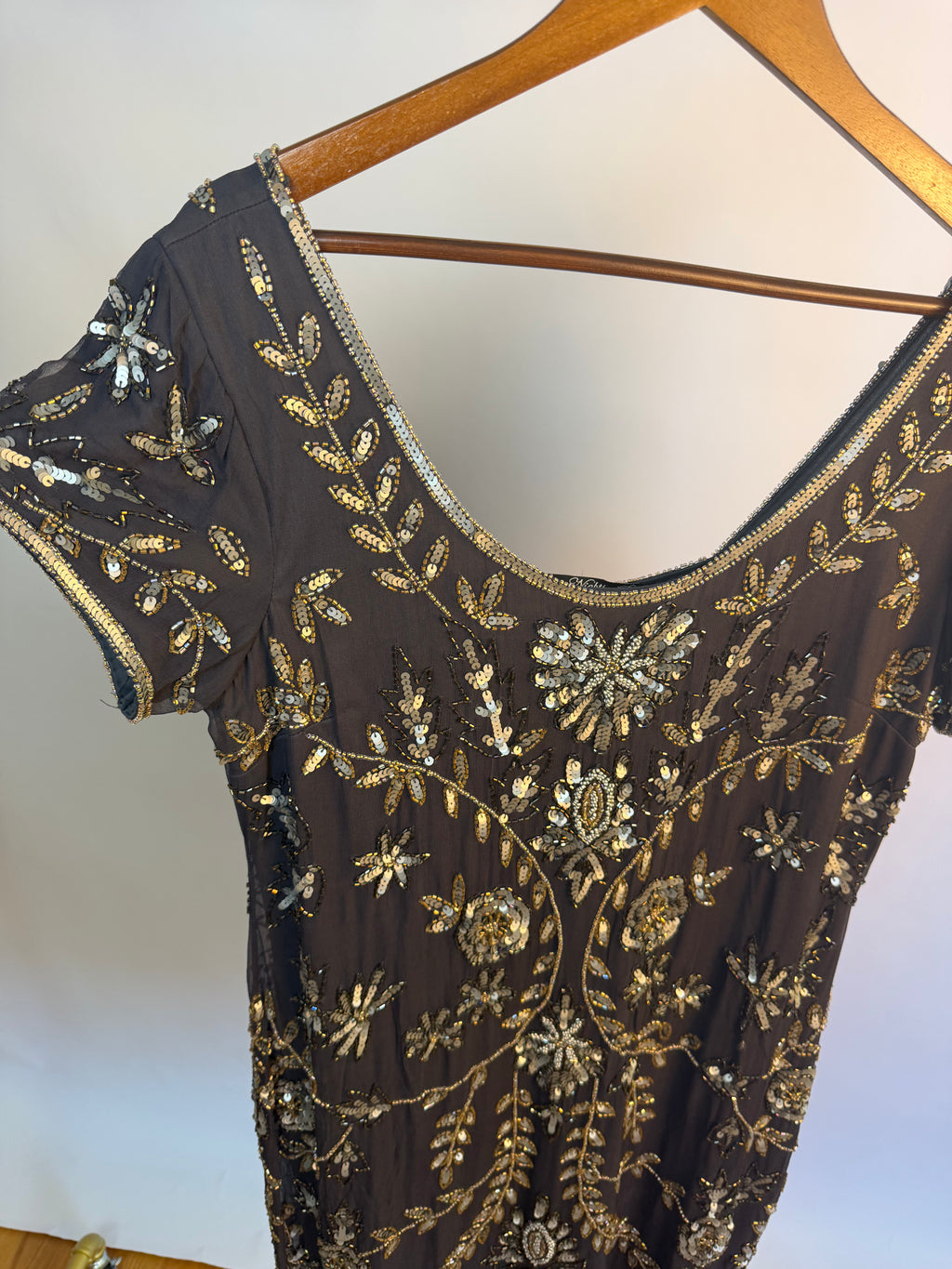 Grey & Gold 100% Silk Beaded Shift Dress