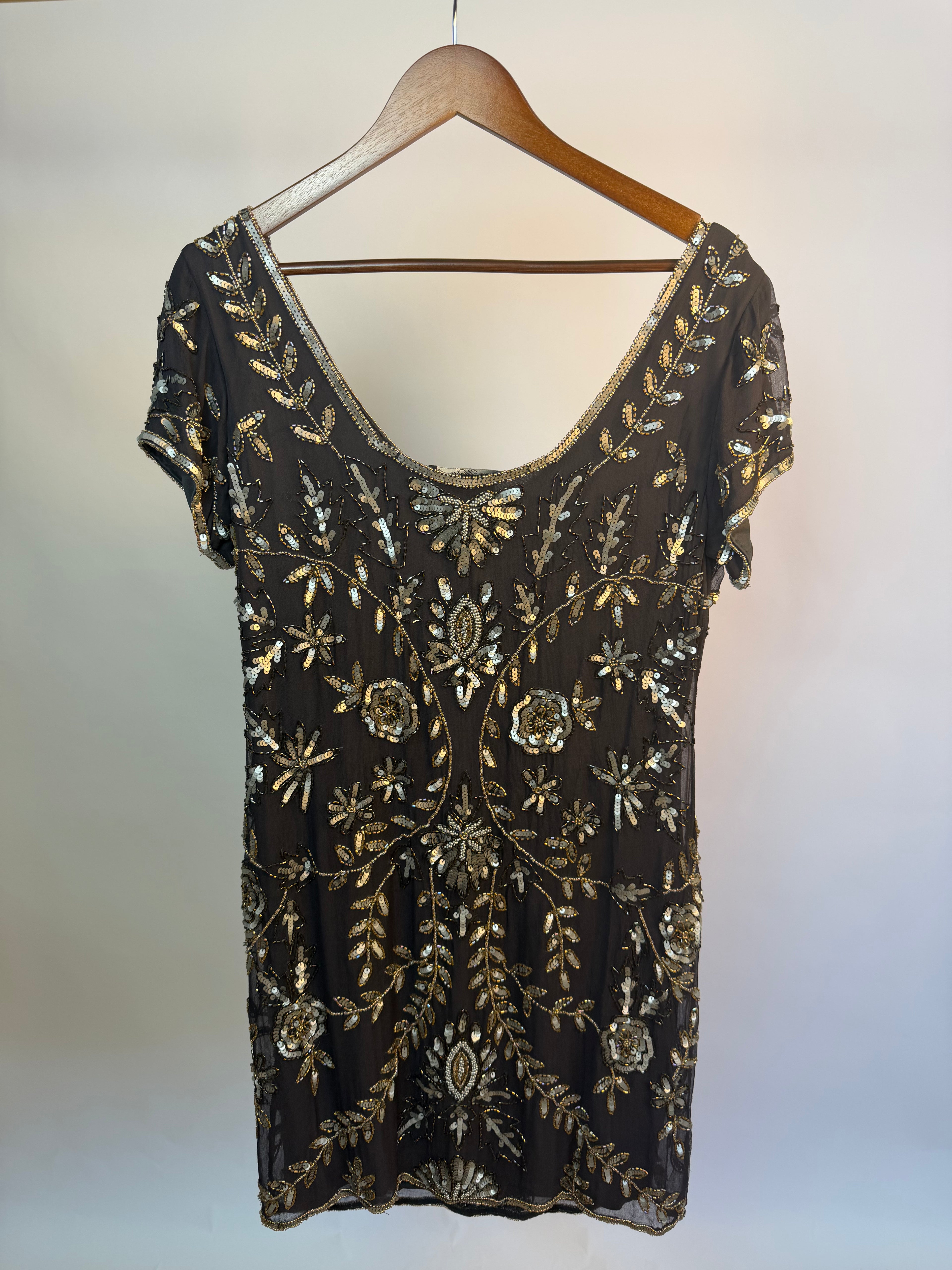 Grey & Gold 100% Silk Beaded Shift Dress