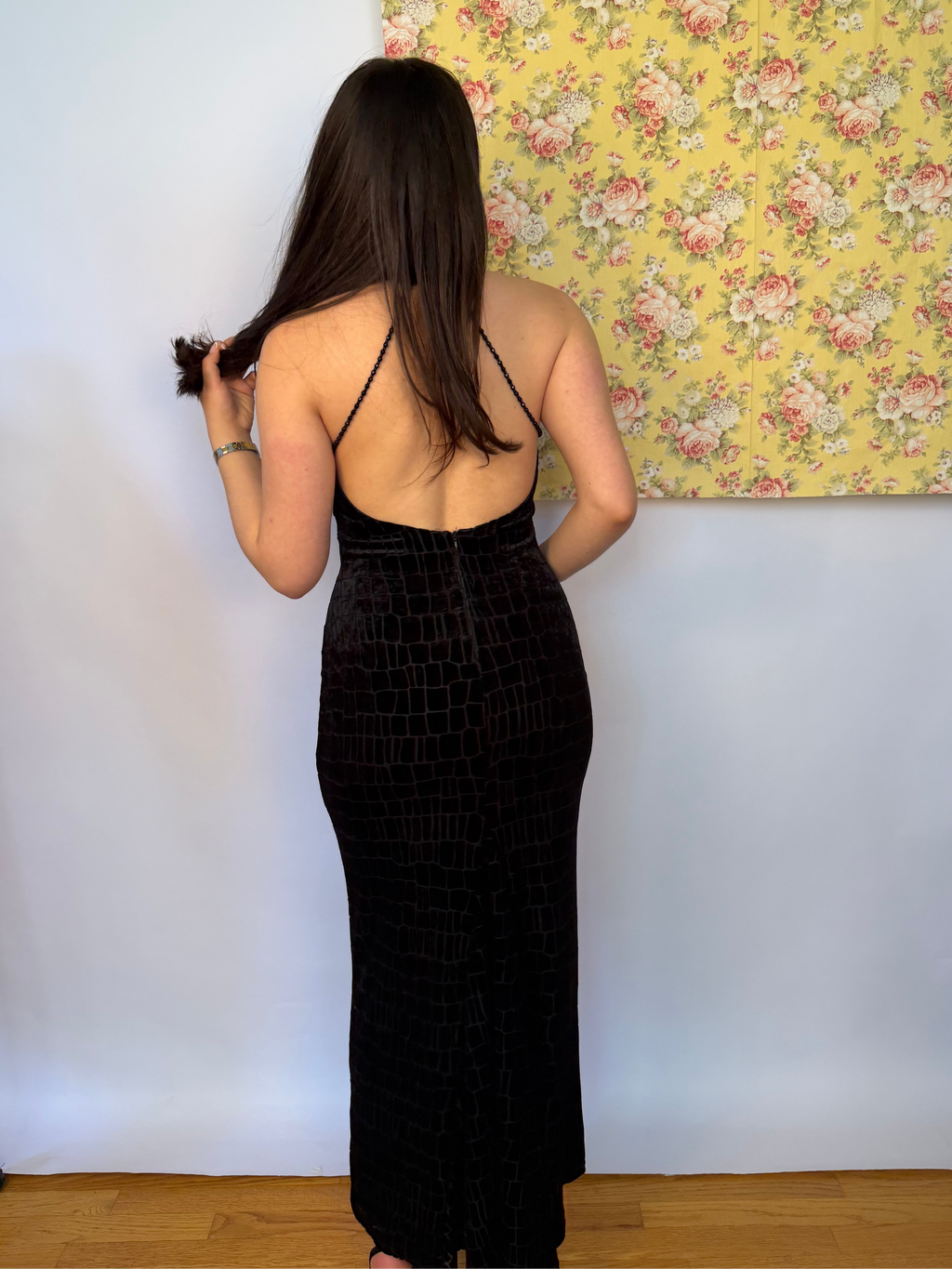 Black Crocodile-Textured Evening Dress