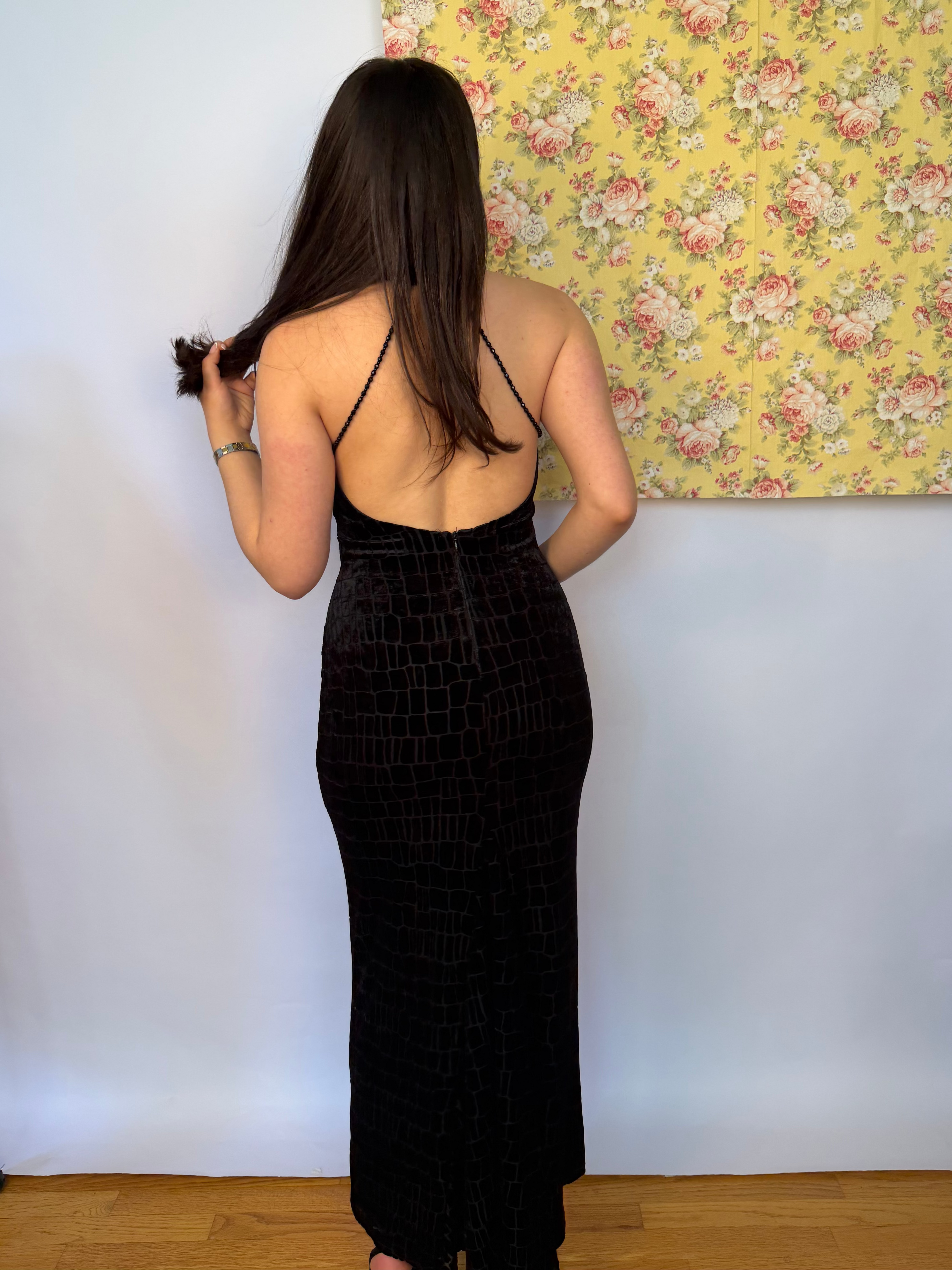 Black Crocodile-Textured Evening Dress