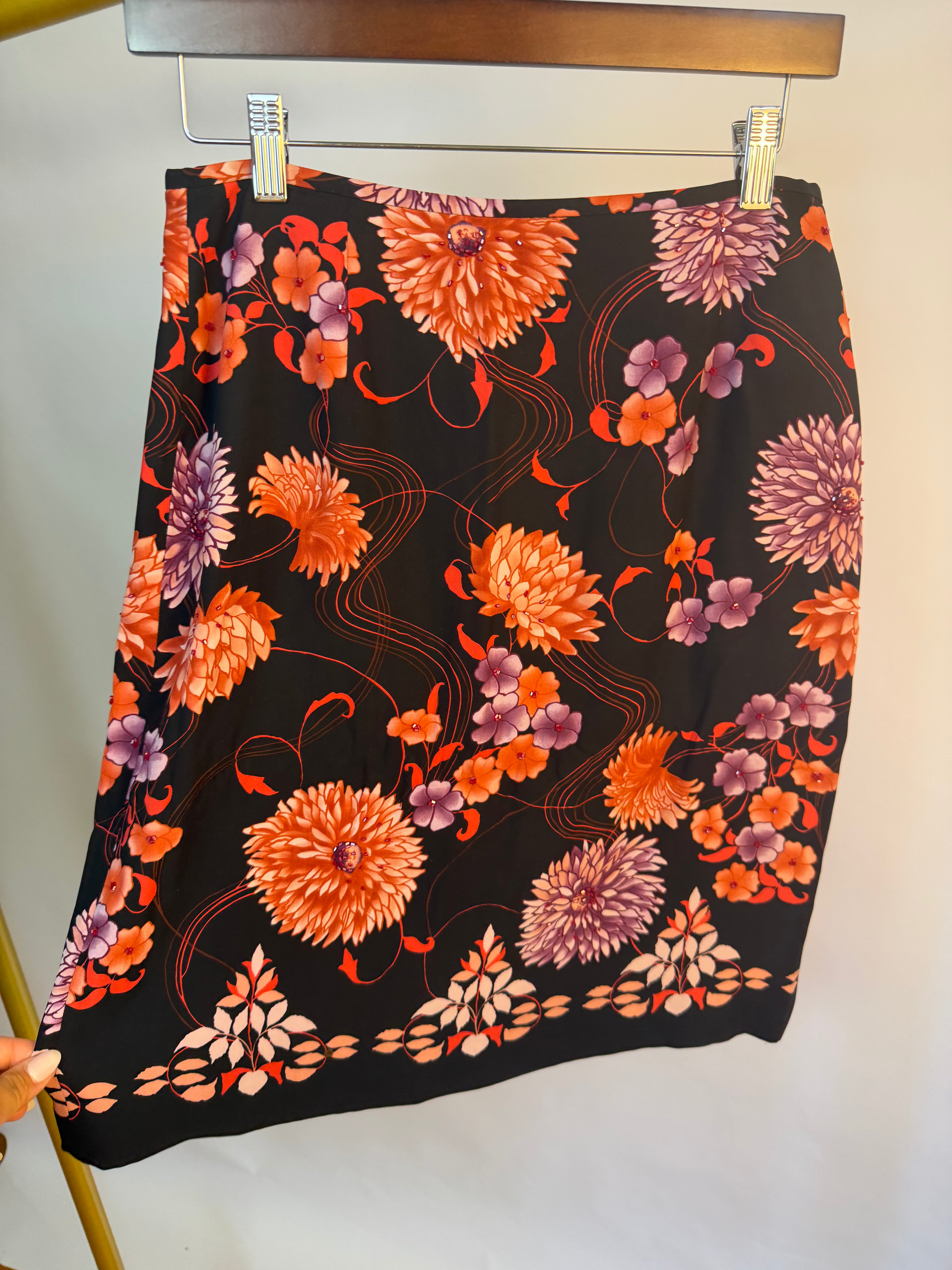 Black Skirt with Vibrant Floral-Embellished Design