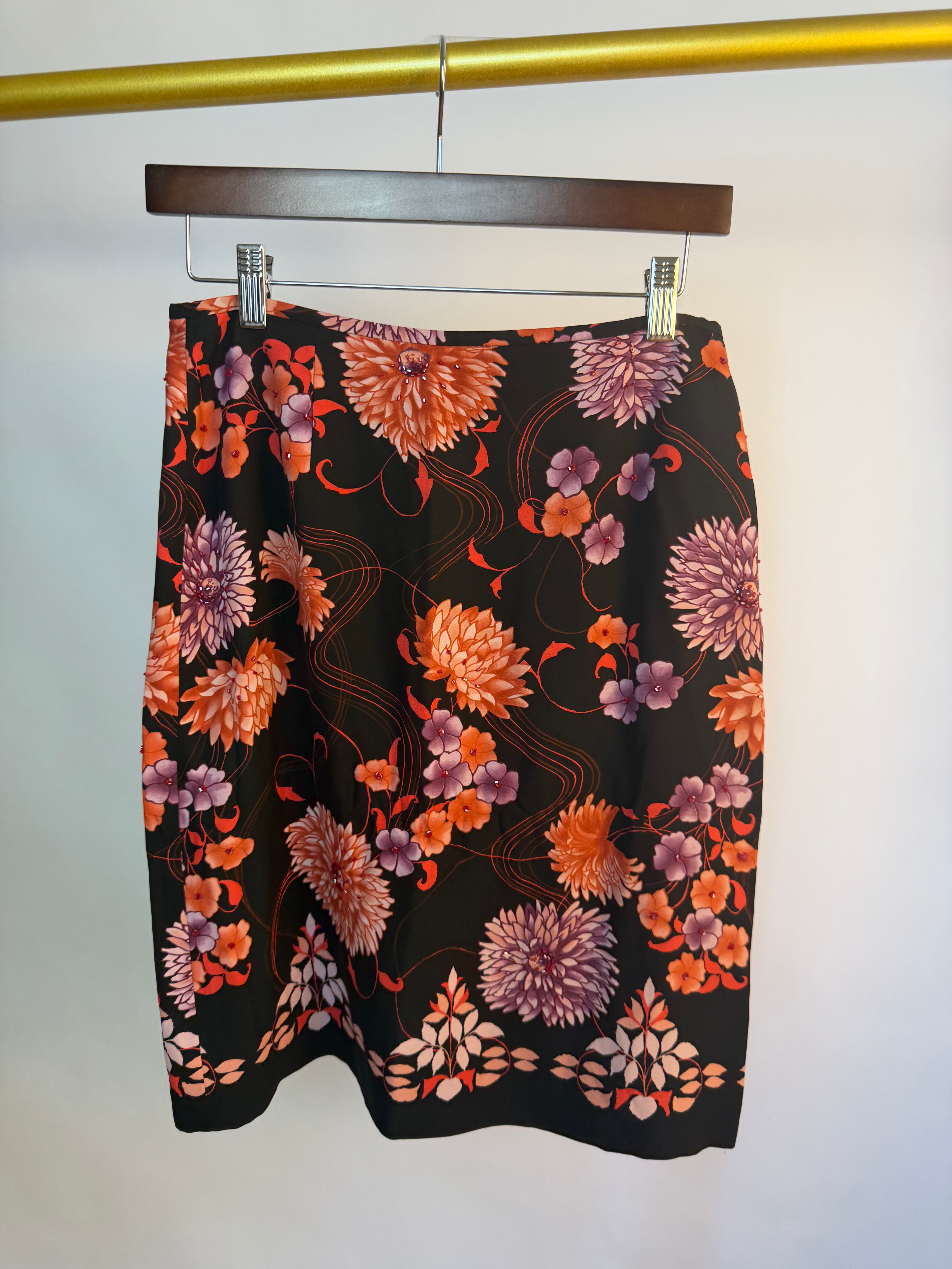 Black Skirt with Vibrant Floral-Embellished Design