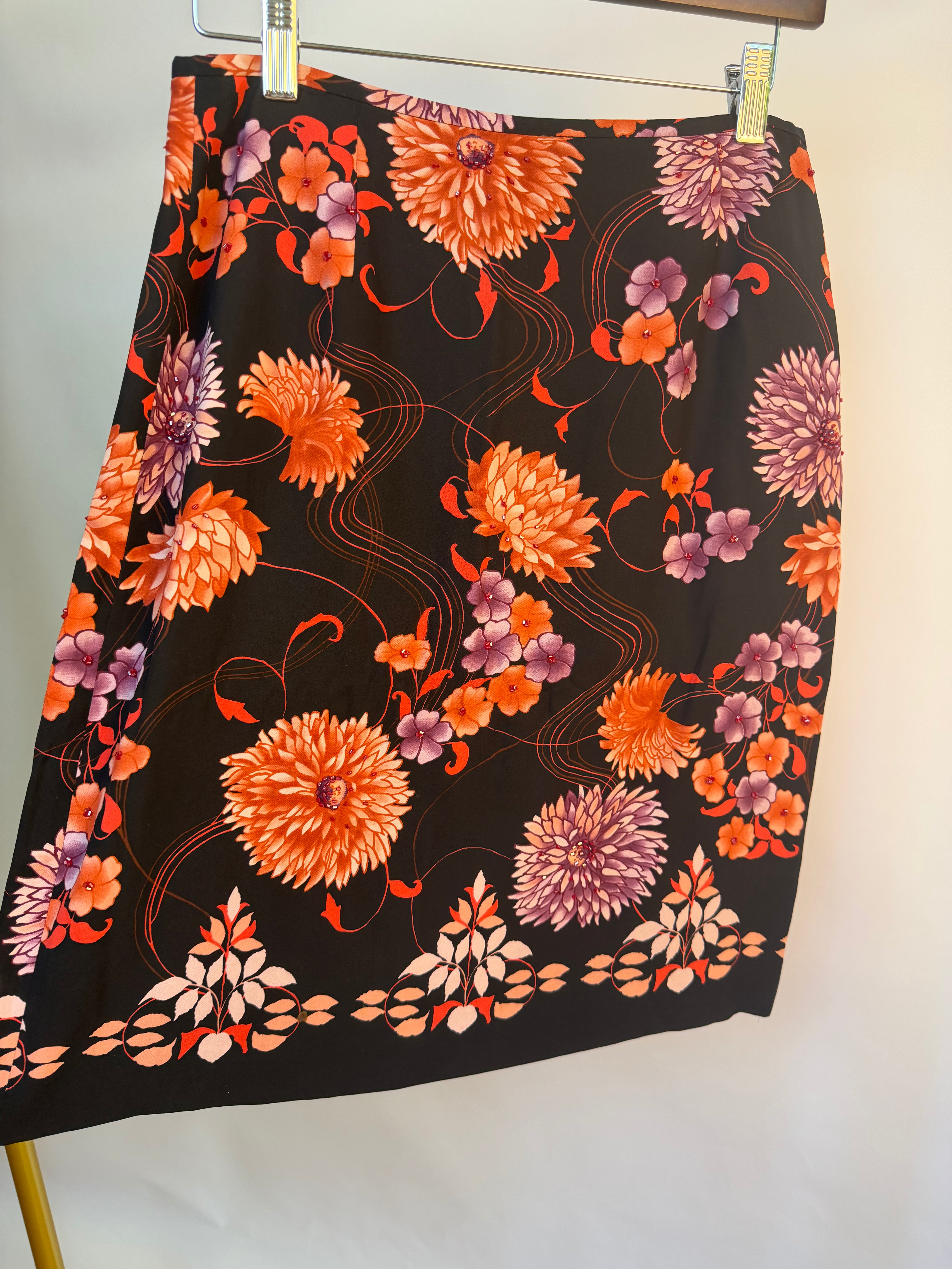 Black Skirt with Vibrant Floral-Embellished Design